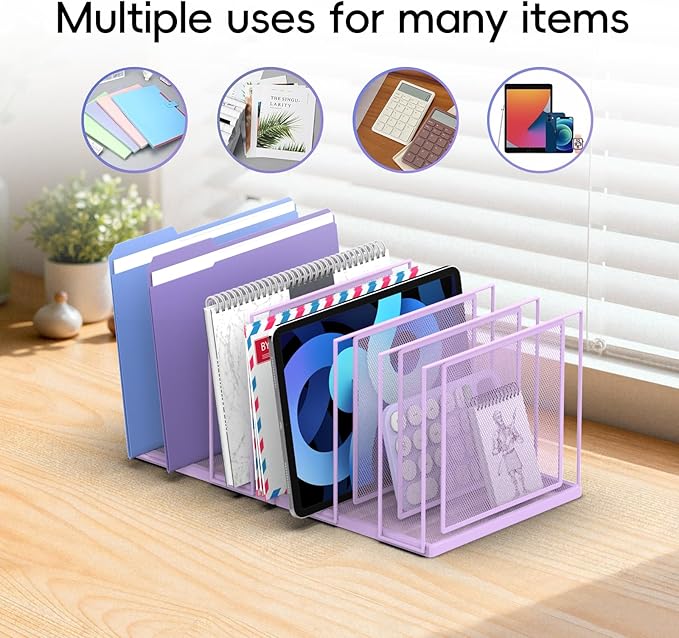 File Organizer for Desk, 7-Section Vertical File Sorter, Paper Holder Organizer Standing Metal File Folder for Office Home Classroom, Purple
