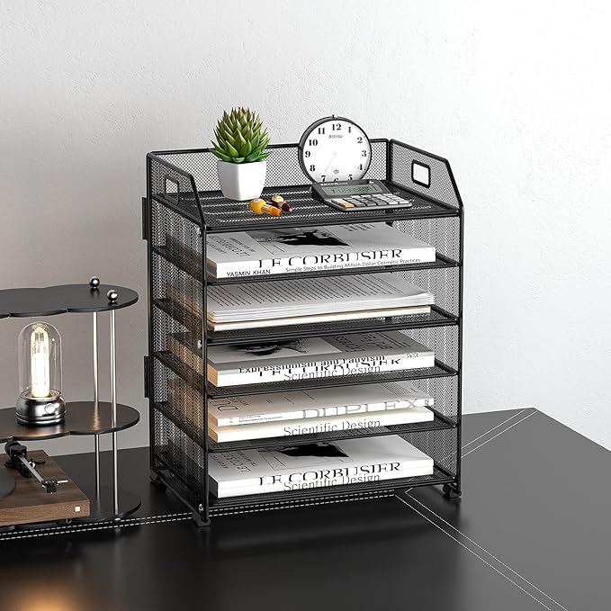 6 Trays Paper Organizer Letter Tray with Pull-Out Drawer, Assembled Mesh Desk File Holder, Metal Paper Sorter for Office Documents, Black