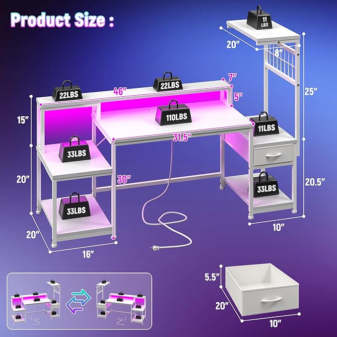 DurayLoly 55" Computer Desk with LED Lights & Outlets,Office Desk with Drawers & Monitor Stand,Gaming Desk with 3 Storage Shelves, Hooks& Printer Space for Game&Study Room,Home Office,Bedroom,White
