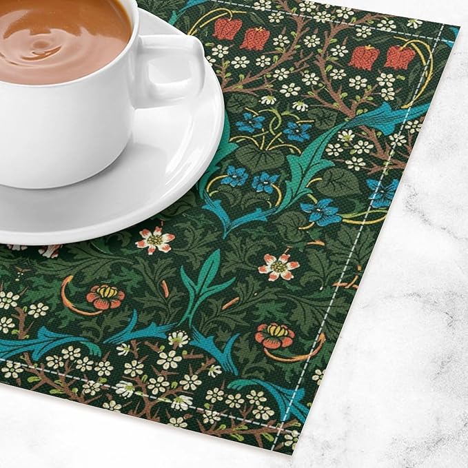 William Morris Floral Placemats Vintage Flower Art Style Boho Chic Retro Floral Linen Washable Table Mats Stain Heat-Resistant Desktop Decor Place Mats for Home Kitchen Dining Party 12x18 in 6 Pcs
