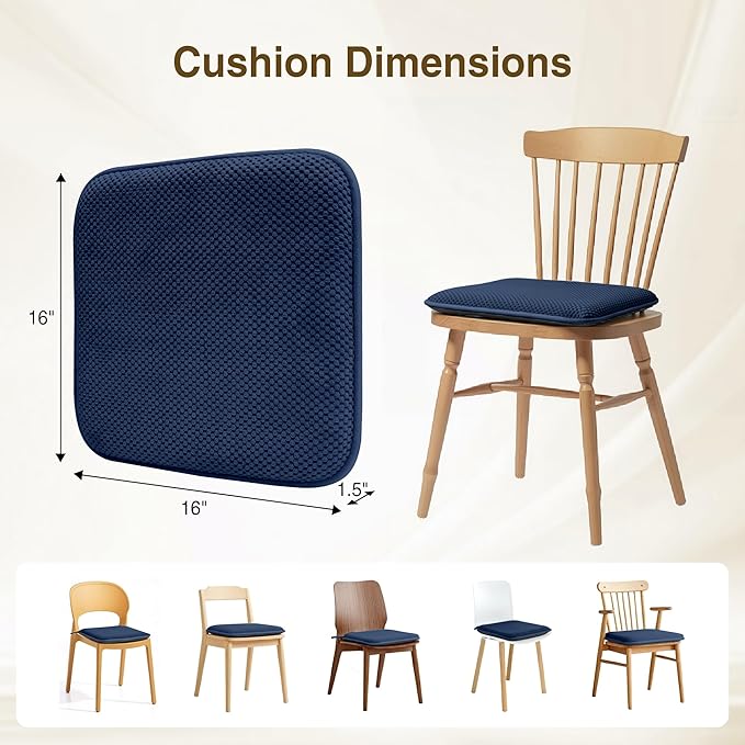 puredown® Chair Cushions for Dining Chairs, Set of 4 Memory Foam Seat Cushions with Non-Slip Backing & Ties, 16" x 16" x 1.5", Comfortable & Supportive Dining Chair Pads for Kitchen, Navy