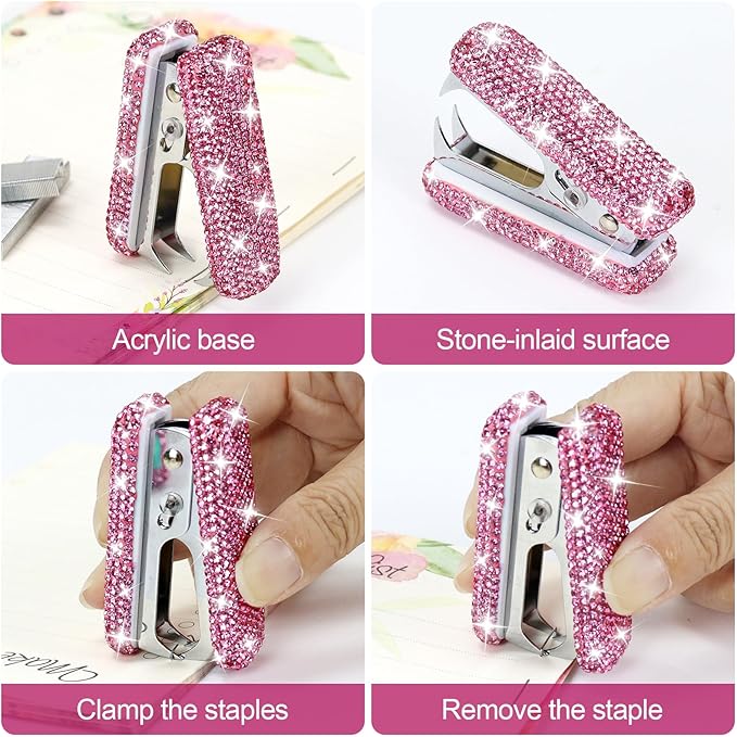 MultiBey 7 Pcs Pink Bling Rhinestone Desk Accessories Set, Crystal Office Stationery Kit with Stapler, Tape Dispenser, Scissors, Drawer Organizer - Glamorous Gift for Home School Office Supplies
