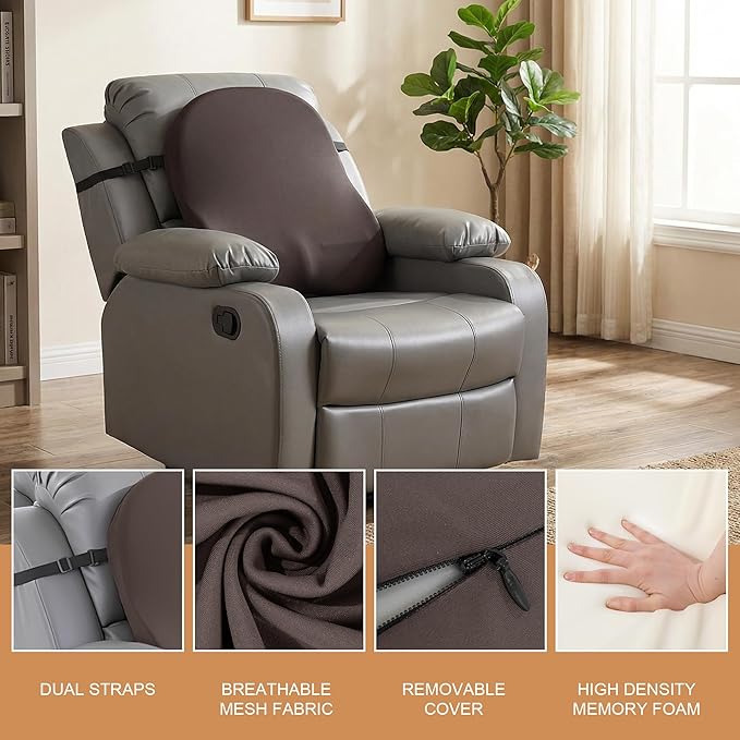 HOMBYS Extra Long Lumbar Support Pillow for Recliner Chair, 50D Molded Memory Foam Back Support Cushion with Full Back Support, Ergonomic Design & Breathable Cover (Brown)