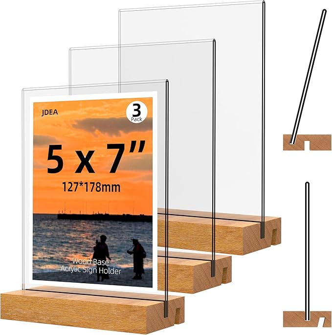 5x7 Inch Acrylic Sign Holder with Wood Base Vertical and Slant Displays(3 Pack 5*7")