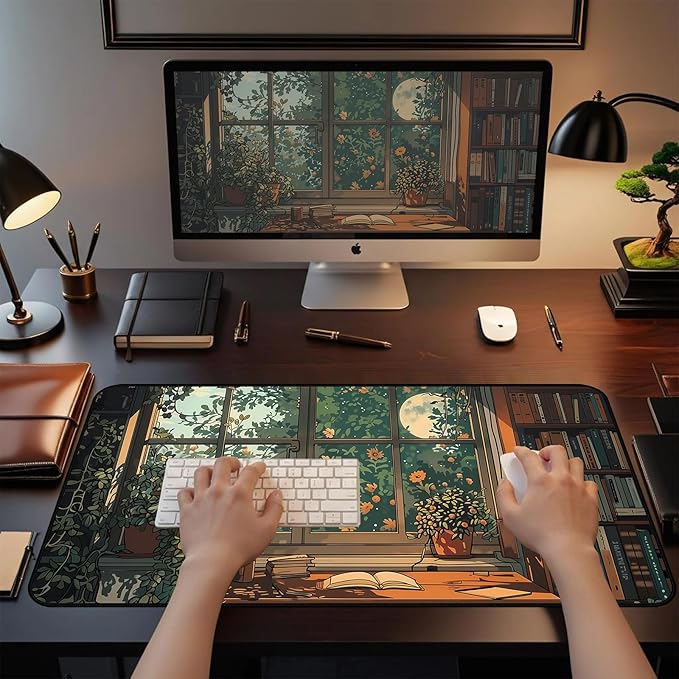 Green Plant Flower Desk Mat, Window Side Moonlight Library Book Mouse Pad, Extended Game Deskpad, XXL Keyboard Mousepad, for Work Game Office Home Retro Forest Desktop Decor 31.5"X15.7"