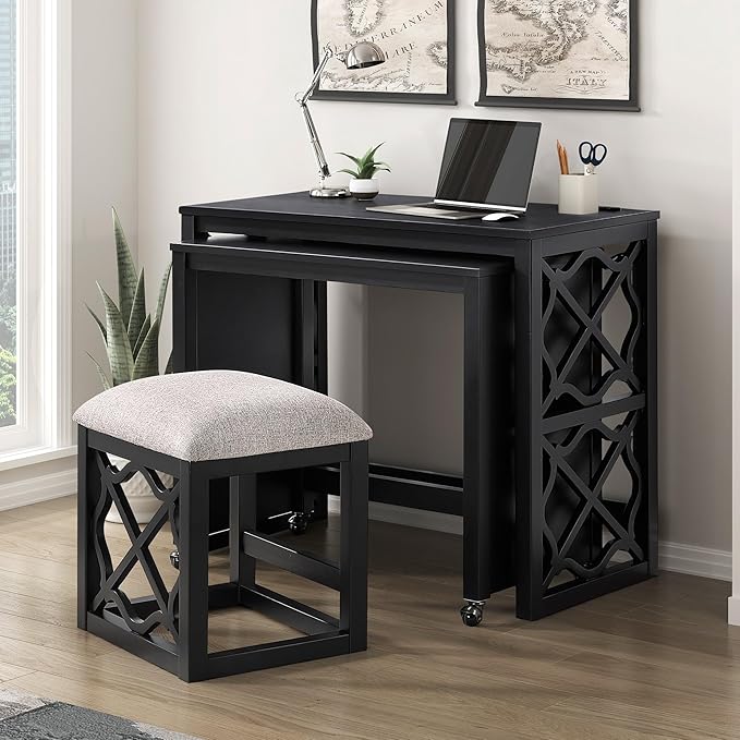 3-Piece Computer Gaming Desk Set with Rolling Desk and Stool, Home Office Corner Desks, Bedroom Craft Study Table, Adjustable Work Standing Desks for Home Office Furniture,Black