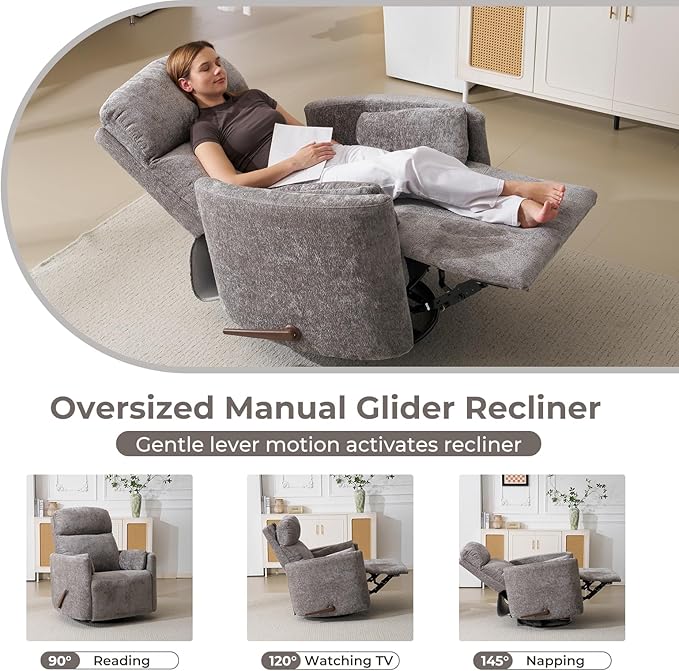 Oversized Swivel Rocker Recliner with Massage and Heat, Swivel Nursery Recliner With Adjustable Headrest, Manual Rocker Recliner Chair with Two Removable Pillows, Rocking Nursery Chair, Dark Grey