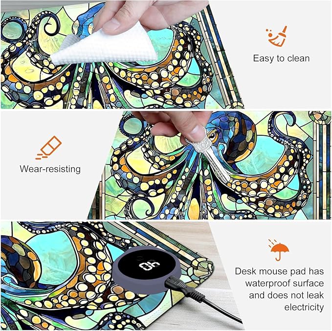 Heated Mouse Pad,Warm Desk Pad with 3 Levels Heating & 3 Hours Auto Shut-Off, PU Leather Heated Desk Pad Warmer Pad for Home Office - 31.5 x 13 inch,Fun Octopus
