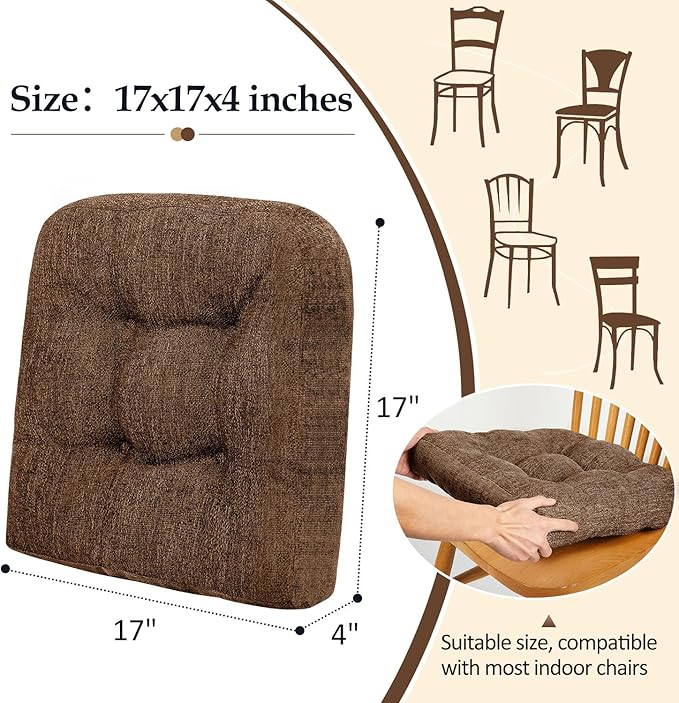 downluxe Chair Cushions for Dining Chairs 2 Pack, Tufted Indoor Chair Pads with Non-Slip Bottom, U-Shaped Kitchen Chair Cushions, 17"x17"x4", Brown