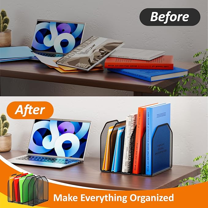 FUCDTEFC Desk File Organizer, Adjustable 5 Sections Upright Desktop Organizer File Sorter, Sturdy Metal Mesh Vertical Bookshelf File Holder Workspace Accessories for Home,School,Office Classroom,Black