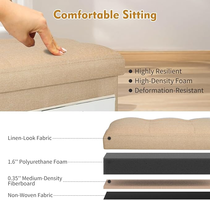 BelugaHelper Ottoman with Storage, Small Storage Ottoman Foot Rest with Thicker Foam Padded Seat. Foldable Linen Cloth Foot Stool for Living Room Bedroom, Holds Up to 300 lbs, 17x13x13IN(Beige)