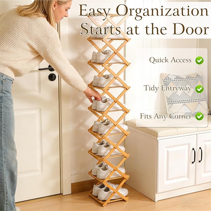 Foldable Shoe Rack, Tier No-Assembly Bamboo Rack, 2026 New Portable Bamboo Corner Shoe Rack, Multifunctional Narrow Shoe Shelf for Entryway, Closet, Corner, Bedroom (7 Layers)