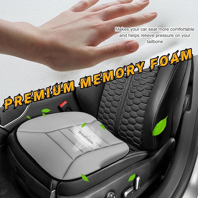 povtii Car Seat Cushion, Non-Slip Bottom Cushion for Car Driver Office or Home Chair, Breathable Pressure Relief Seat Pad with Memory Foam, Car Accessories Fit Most Vehicles (Gray)