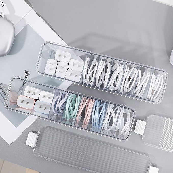 2 Pack Cord Organizer Box for Desk Drawer, Clear Phone Charger Cable Storage Container with Lid
