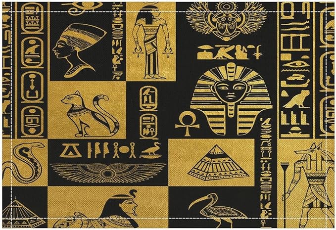 Ancient Egyptian Placemats Ancient Culture Black Golden Egyptian Hieroglyphs Linen Washable Table Mats Stain Heat-Resistant Desktop Decor Place Mats for Home Kitchen Dining Party 12x18 in 6 Pcs