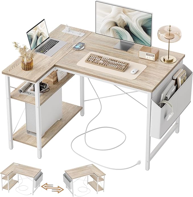 TIQLAB L Shaped Computer Desk with Power Outlets, 47 Inch Small Corner Desk with Reversible Shelves, Gaming Desk Computer Table Study Writing Table for Home Office Bedroom Small Space, Maple