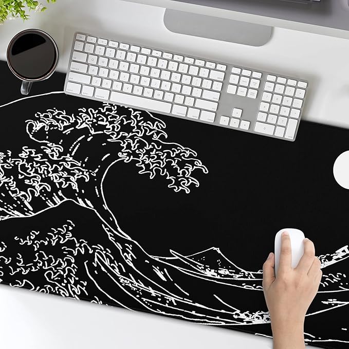 Black and White Japanese Sea Wave Mouse Pad,Extended Large Gaming Mouse Pads 31.5x11.8 in,Japanese Kanagawa Desk Mat,Laptop Mousepad Non-Slip Rubber MousePads for Office Home Travel