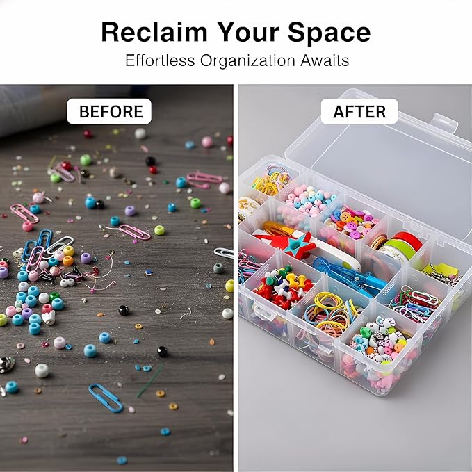 Umirokin 2 Pack 15 Grids Clear Plastic Organizer Box with Adjustable Dividers, Craft Storage Containers for Jewelry, Beads, Screws, Tackle Box, Washi Tapes, Small Parts Organizer for Arts and Crafts