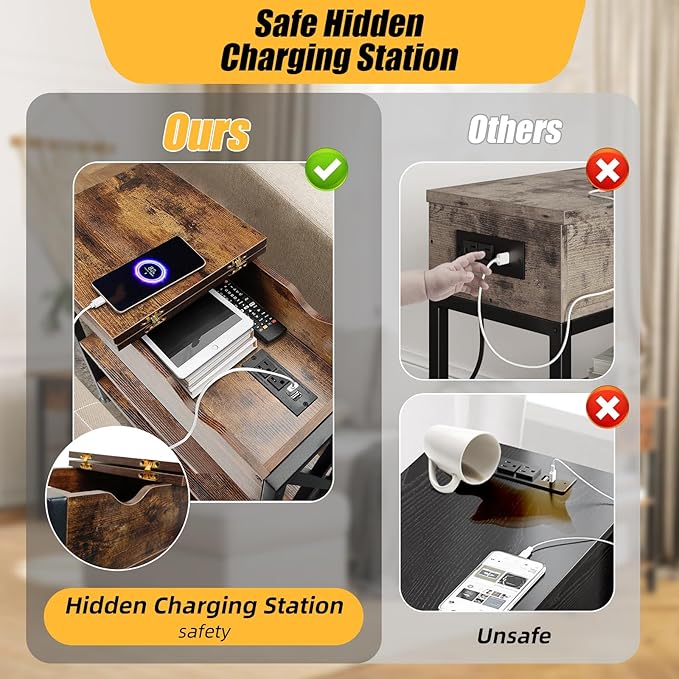 TooCust Flip Top End Table with Charging Station Set of 2, 12" D×21" W×26" H Small Side Tables with Storage & Shelves, Compact Side Table for Small Spaces, End Tables Living Room Set of 2, Brown