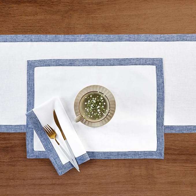 Solino Home Linen Cloth Placemats Set of 4-100% Pure Linen Chambray Indigo and White Placemats 14 x 19 Inch for Spring, Summer - Classic, Handcrafted and Machine Washable