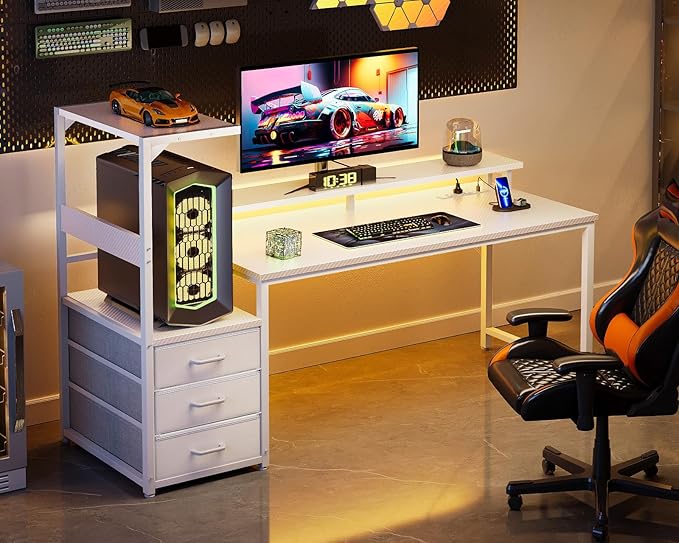Casaottima 59 Inch Gaming Desk with USB Charging Ports & LED Light - Reversible Computer Desk with 3 Fabric Drawers, Monitor Stand, CPU Stand, Modern Office Desk, White
