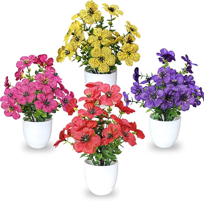 Small Artificial Flowers in Pots, Fake Potted Flowers, Mini Artificial Plants Indoor, Small Fake Flowers with Pot for Spring Decorations for Home, Office Desk, Table & Bathroom Decor