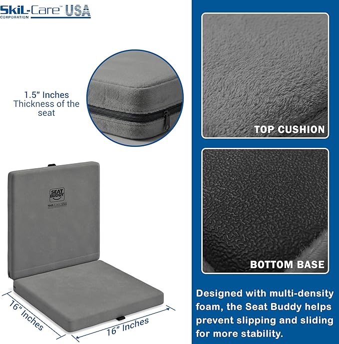 Skil-Care Seat Buddy Portable Seat Cushion, Foldable Chair Cushions with Non-Slip Bottom for Office Chair, Recliner Chair, Stadium Seats, Wheelchair, Travel, 16"x16", Grey Cozy Cloth, 914352