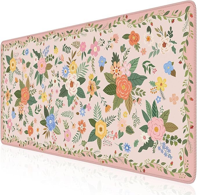 iCasso Floral Desk Mat for Keyboard and Mouse,Cute Gaming Mouse Pad XXL,Anti-Slip Desk Matt for Desktop,Soft Lycra Surface Computer Mat Women,Girly Big Mousepad for Home Office (Pink Floral)