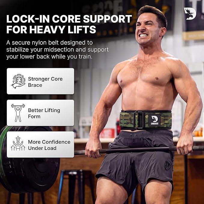 DMoose Weight Lifting Belt - Auto Locking Gym Belt for Olympic Training, WOD, Cross Training for Men and Women - 4" Nylon Workout belt with Adjustable Buckle - Provides Lumbar Support and Stability