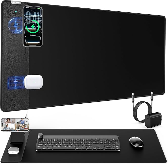 4-in-1 Mouse Pad with Magnetic Wireless Charging & Phone Stand, 31.5"x15.8" Large, Waterproof Smooth Surface, Non-Slip Base, with Adapter