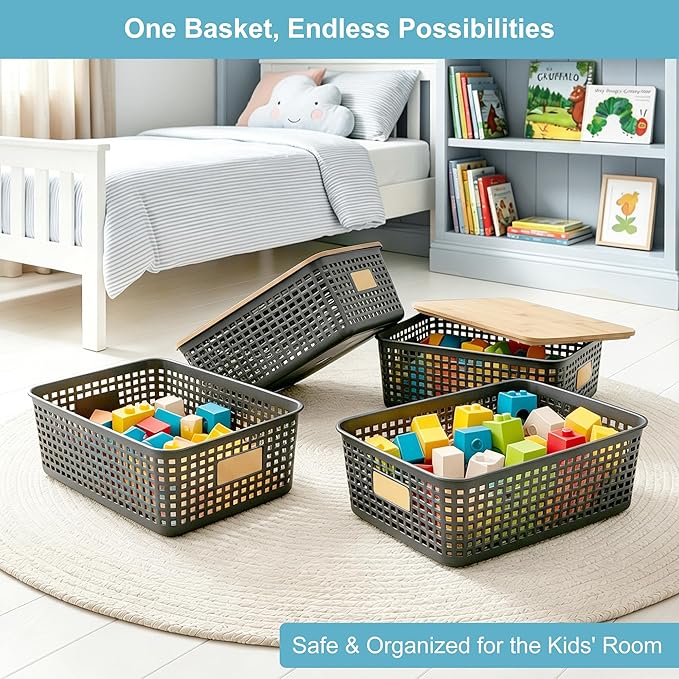 Bagnizer 4 Pack Plastic Storage Bins with Bamboo Lids, 6.2qt Stackable Storage Organizer Box with Lable for Pantry Shelves Drawers Desktop Office, 12"L x 8.5"W x 3.5"H, Gray