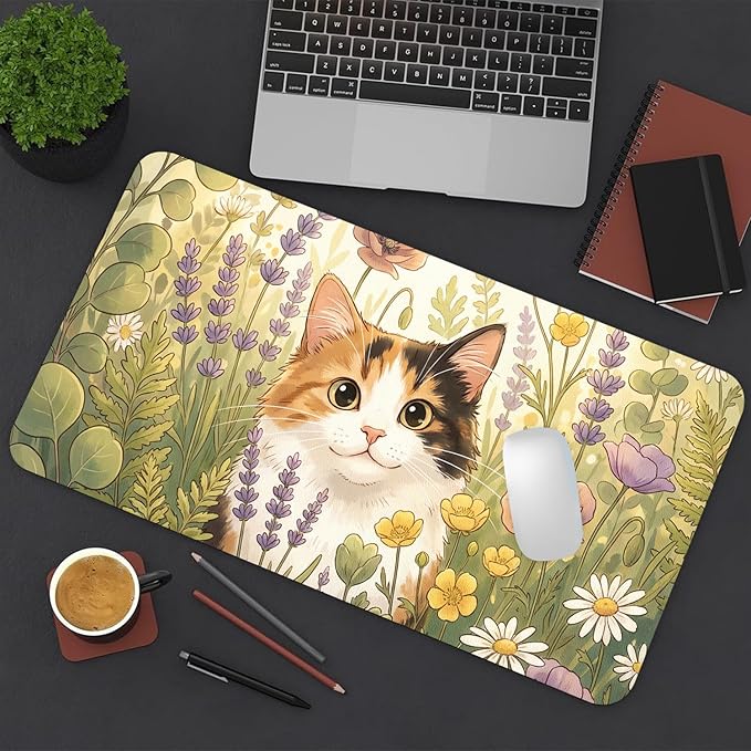 Cute Desk Mat, Kawaii Cat Floral Large Mouse Pad for Desktop, PU Leather Waterproof Desk Pad, Anti-Slip Computer PC Laptop Protector Gaming Mouse Pads for Office Home Decorations (23.6" x 11.8")