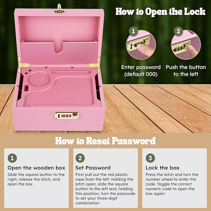 Smell Proof Stash Box with Lock & 5 Piece Accessory Kit – Pink Bamboo Organizer with Removable Tray – Large Odor Proof Storage Case for Home or Travel