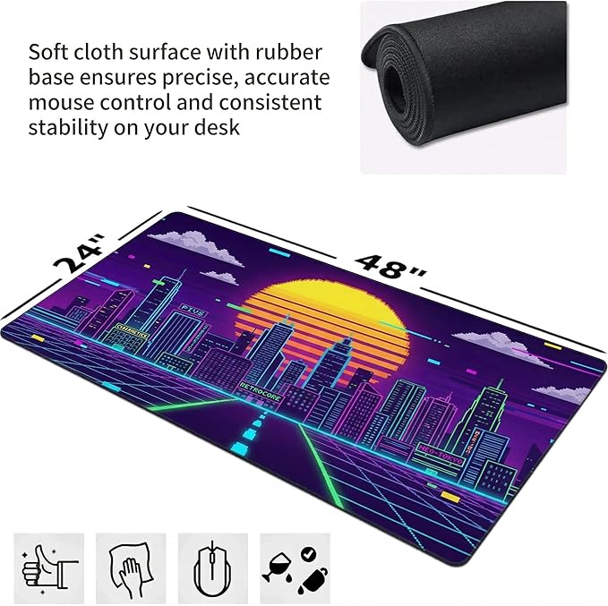 48x24in Retro Synthwave Mouse Pad, Neon City Extended Desk Mat, Non-Slip Waterproof Gaming Mousepad for Home Office & Gaming