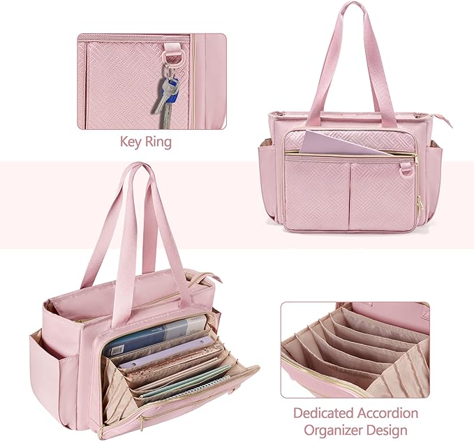Teacher Tote Bag with Accordion File Organizer Pocket, Large Teacher Work Utility Bag for Women, Pink(Patent Design)