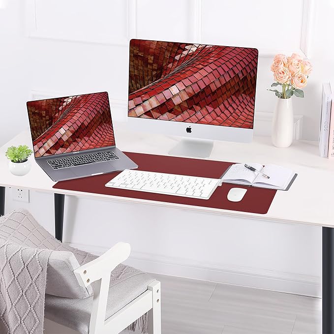 AFIING Cork Desk Mat 23.6 x 13.7, Dual-Sided Cork & PU Leather Desk Pad, Waterproof Non-Slip Desk Protector for Home Office, Study Desk & Minimalist Workspace Coffee Red