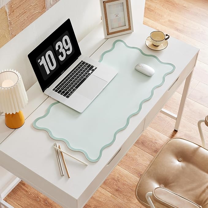 Sage Green Scalloped Desk Mat, 31.5" x 15.7", PU Leather, Waterproof Anti-Slip, Cute Aesthetic Desk Pad for Office/Home/Game/Vanity Large