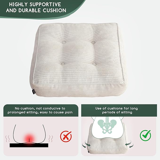 HIGOGOGO Tufted Corduroy Recliner Seat Cushion for Elderly, 20x20x5 Inch Large Square Seat Cushion for Recliner Chair, Floor Pillow, Office Chair, Car, No Pressure on Thighs, Beige