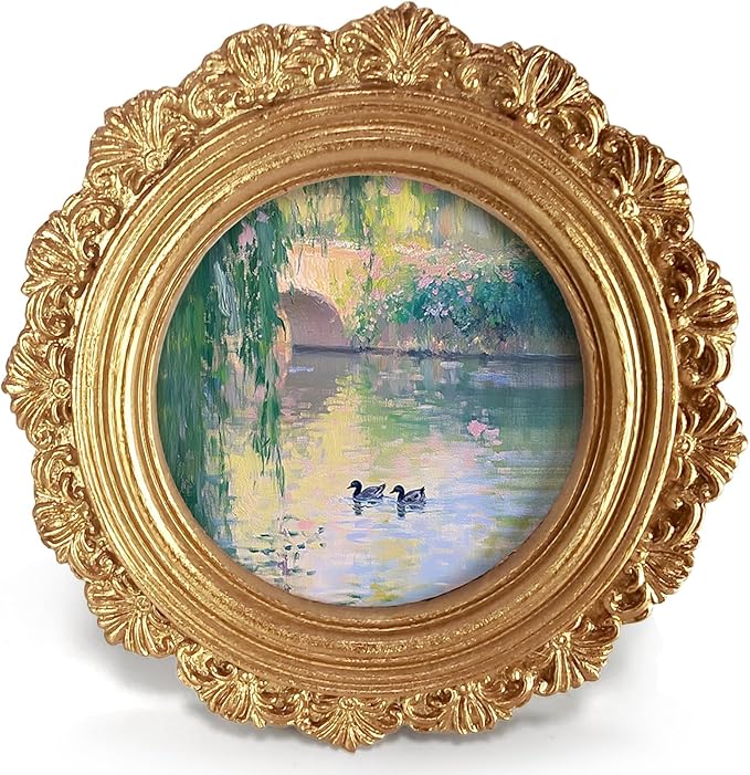 Monet Style Landscape Round Picture Frame Wall Decor,Impressionist Country Lake Duck Gold Mini Ornate Photo Frame for TableTop Desk 2.7in Photo,Vintage Framed Artwork for Walls Office Bedroom