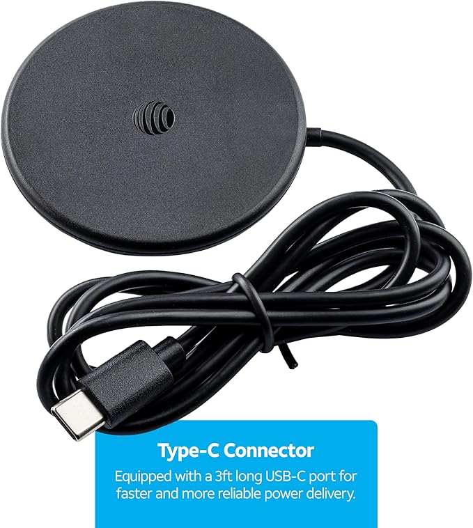 AT&T Magnetic Wireless Charging Pad with Built-in Ring Stand – 15W Fast Charging, USB-C PD Input, Case-Friendly Magnetic Design – Ideal for Desk, Travel, and Nightstand Use – Black
