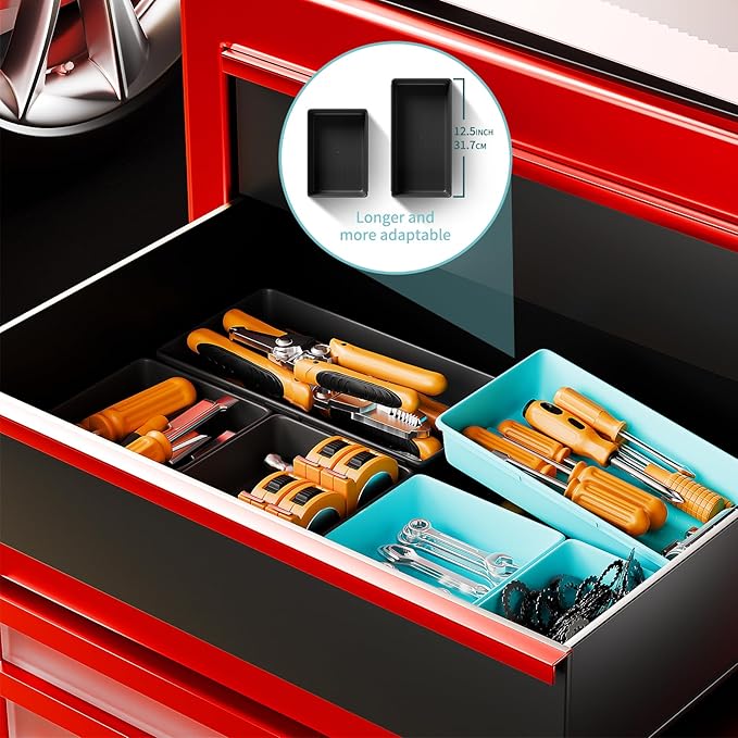 [5 Sizes] [69 PCS] Tool Drawer Organizer, Tool Box Desk Drawer Tray, Rolling Tool Chest, Toolbox Organizer (Black+ Sky Blue)