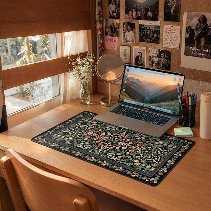 iCasso Aesthetic Flower Mouse pad for Laptop, Desk Pad Mat, Vintage Desk Matt for Desktop 13.7"x23.6", Anti-Slip Mousepad with Stitched Edges for Laptop Computer Keyboard(Black)