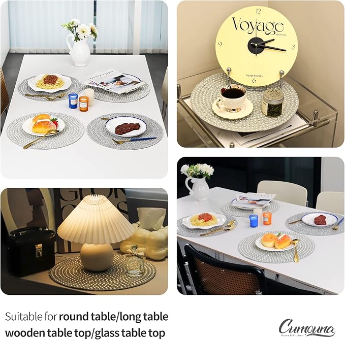 Round Placemat, Heat Resistant Table Place Mat for Dining Table 15 inch Anti-Slip Tablescapes Decorations Sparkling Bling Rhinestones Mat Silver Placemat (Silver-X-Pattern, 4PCS)