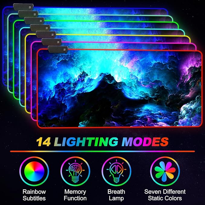 ARTSO RGB Gaming Mouse Pad Large, Extended LED Mouse Mat XXL 35.4x15.7 inch, 14 Lighting Modes, 2 Brightness, Non-Slip Rubber Base Mousepad Waterproof Keyboard Mat,Fantasy Nebula Sky
