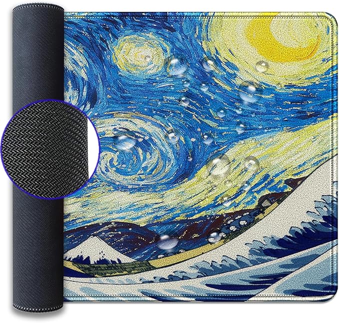 Starry Night & Great Wave Large Mouse Pad, 27.5x11.8in Art Painting Fusion Extended Desk Mat with Stitched Edges, Non-Slip Waterproof Rubber Base for Office, Computer & Laptop