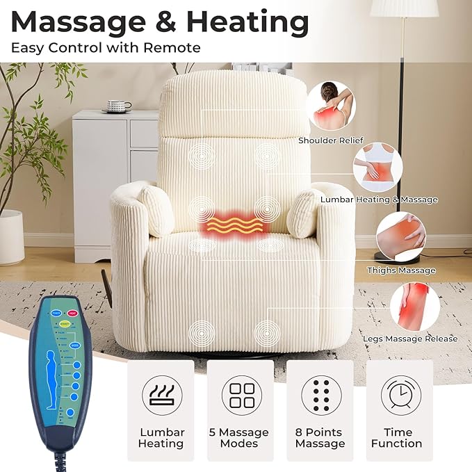 Oversized Swivel Rocker Recliner with Massage and Heat, Swivel Nursery Recliner with Adjustable Headrest, Manual Rocker Recliner Chair with Two Removable Pillows, Rocking Nursery Chair,Corduroy Beige