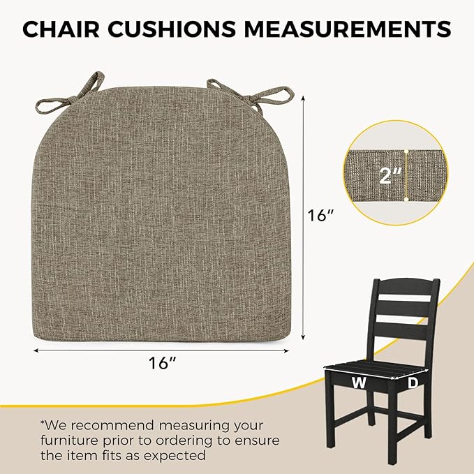 downluxe Indoor Chair Cushions for Dining Chairs, Soft and Comfortable Textured Foam Kitchen Chair Pads with Ties and Non-Slip Backing, 16" x 16" x 2", Khaki, 2 Pack