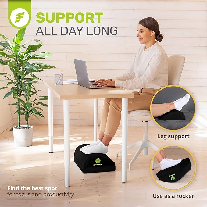 ErgoFoam Chiropractor-Endorsed Orthopedic Teardrop Design 2in1 Adjustable Under Desk Foot Rest for Lumbar Back Knee Pain (Black)
