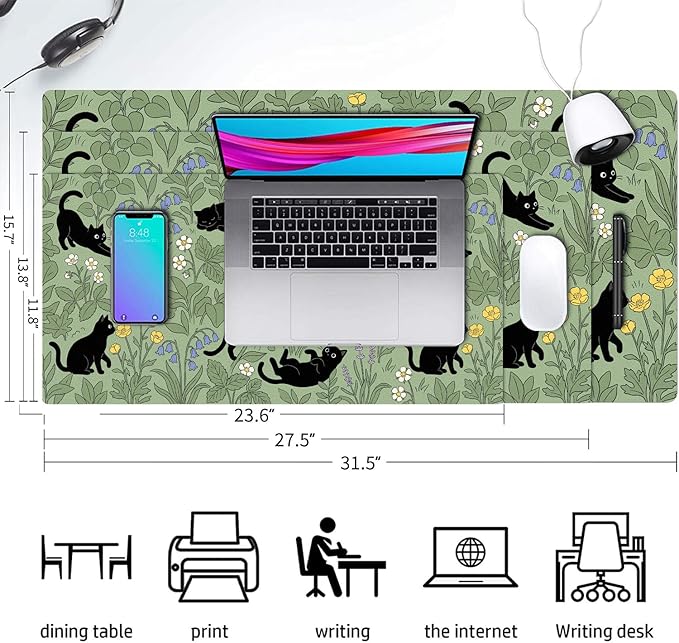 Cute Desk Mat, Grassland Cat Large Mouse Pad for Desktop, PU Leather Waterproof Desk Pad, Anti-Slip Computer PC Laptop Protector Gaming Mouse Pads for Office Home Decorations (31.5" x 15.7")