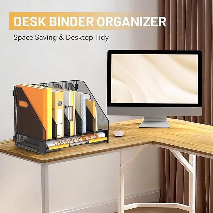 DALTACK Magazine File Holder, 5 Vertical Compartments Rack Binder Holder with Paper Tray, Metal Magazine Organizer for Office, Home, School (Black)